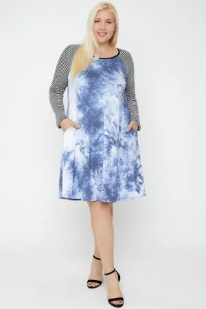 Plus size Blue Round Neck Tie Dye Dress