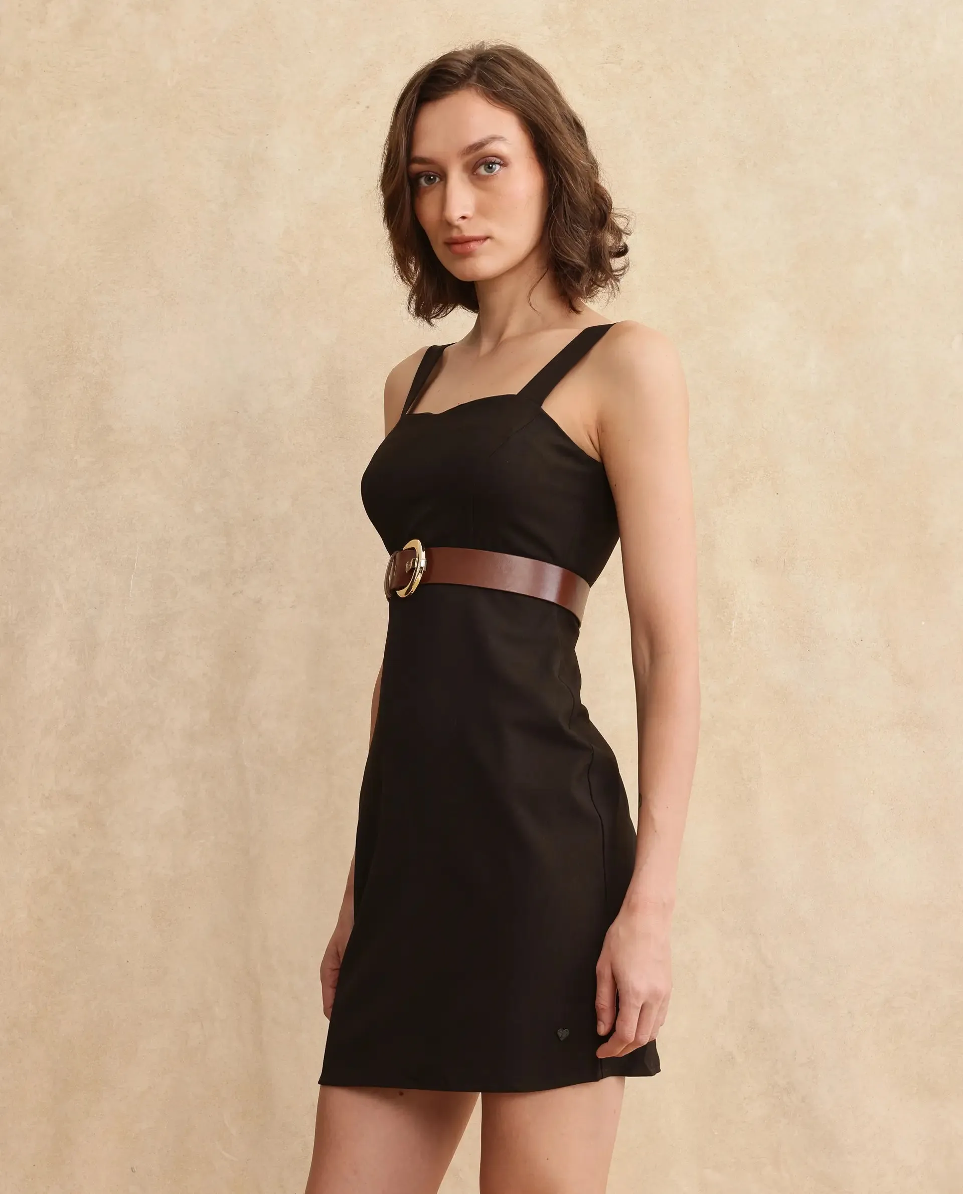 Rareism Women Canakkale Brown Poly Blend Fabric Sleeveless Sweetheart Neck Zipper Closure Straight Fit Knee Length Plain Dress