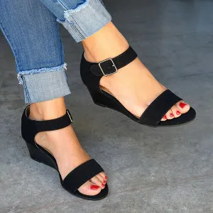 Sohiwoo  Women's Black Ankle Sandals Strap Buckle Low Wedge Block Sandals