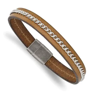 Stainless Steel Antiqued Brushed & Polished Brown Leather & Chain Bracelet