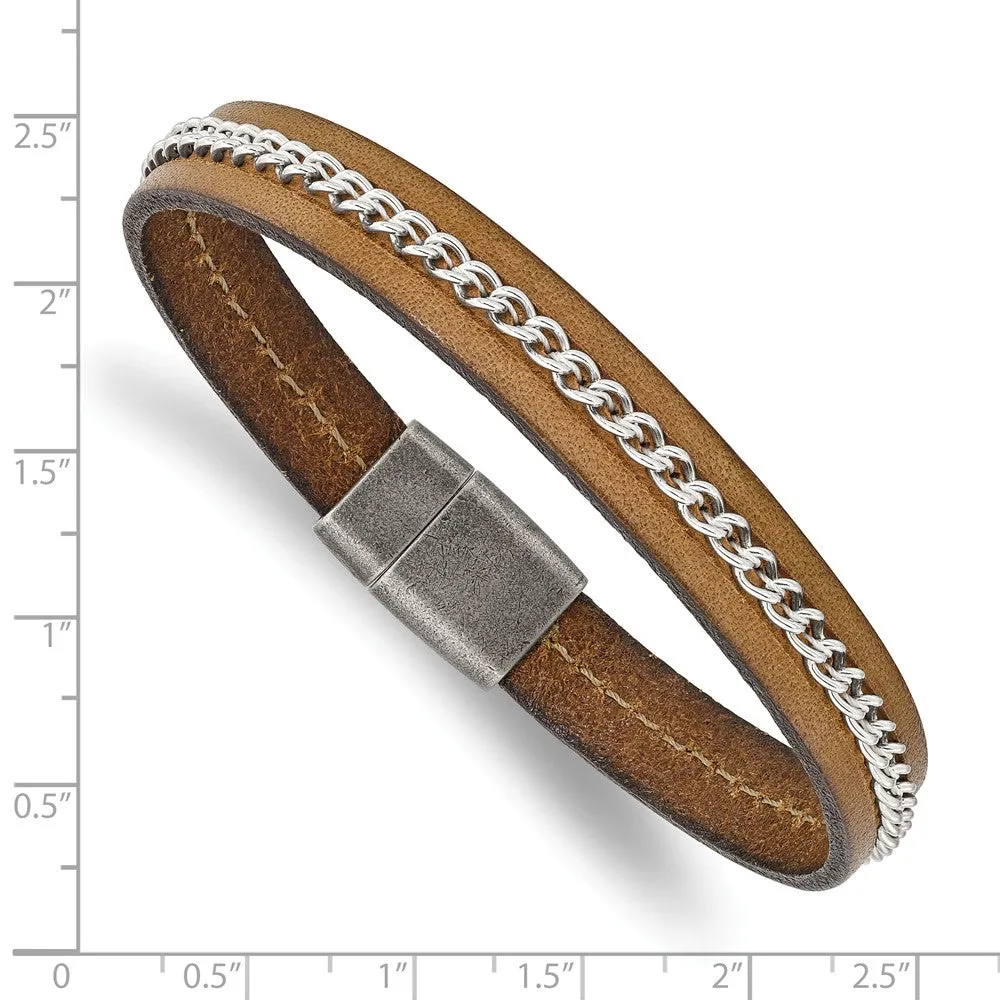 Stainless Steel Antiqued Brushed & Polished Brown Leather & Chain Bracelet