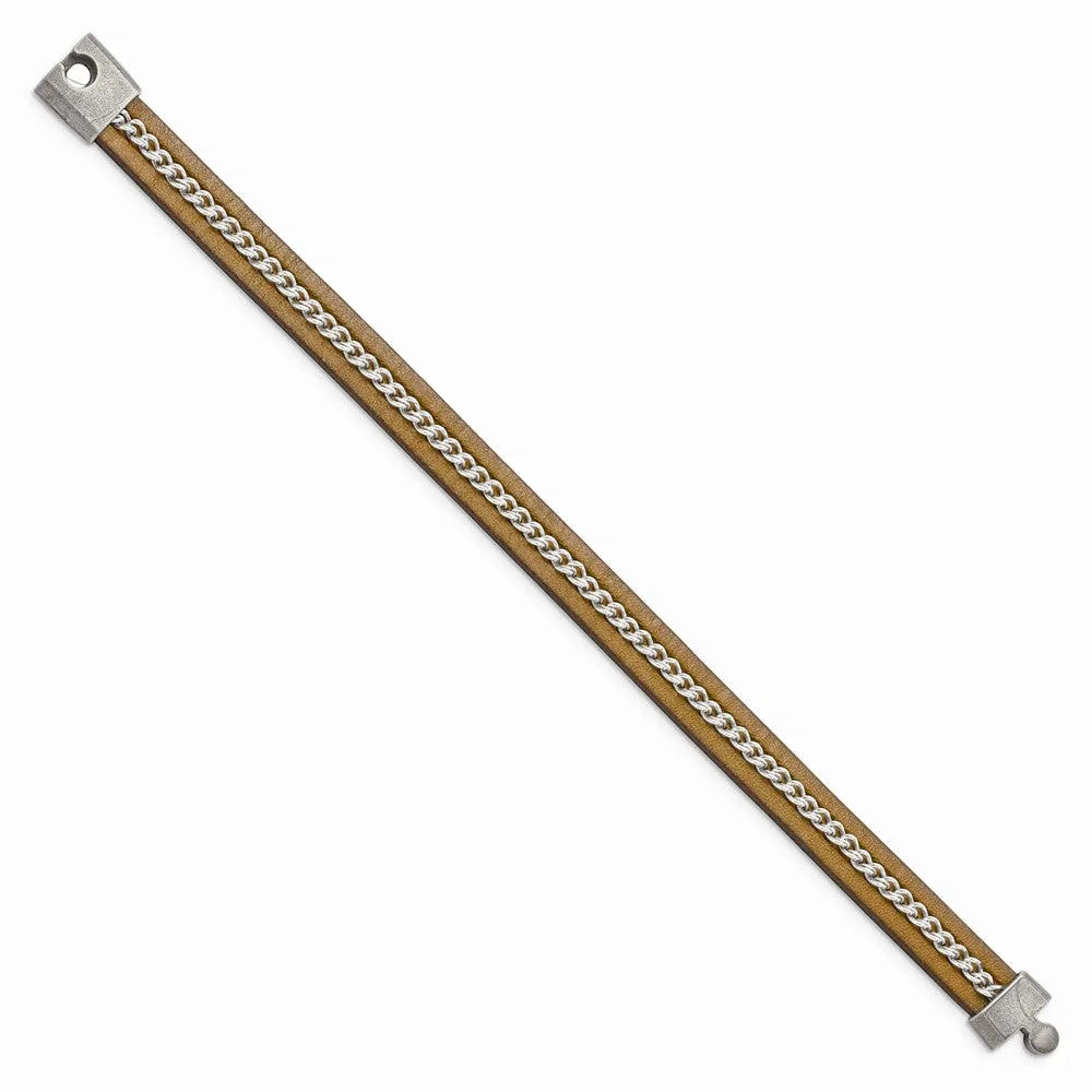 Stainless Steel Antiqued Brushed & Polished Brown Leather & Chain Bracelet