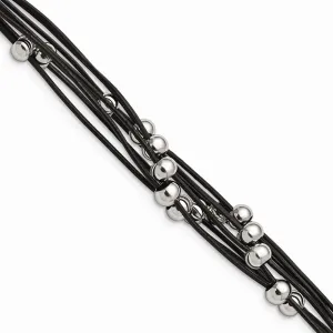 Stainless Steel Black Leather w/Beads 8in Bracelet