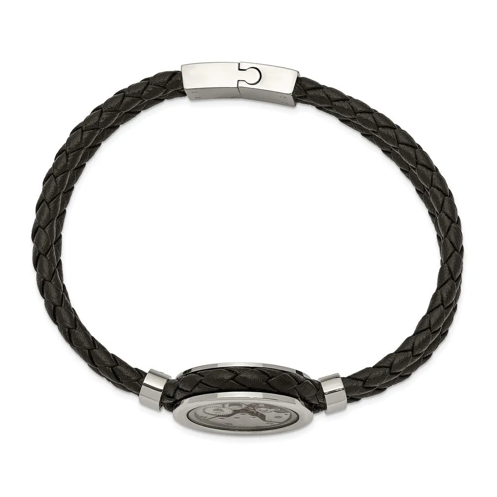 Stainless Steel Brushed & Polished Yellow IP w/CZ & Leather 8.5in Bracelet