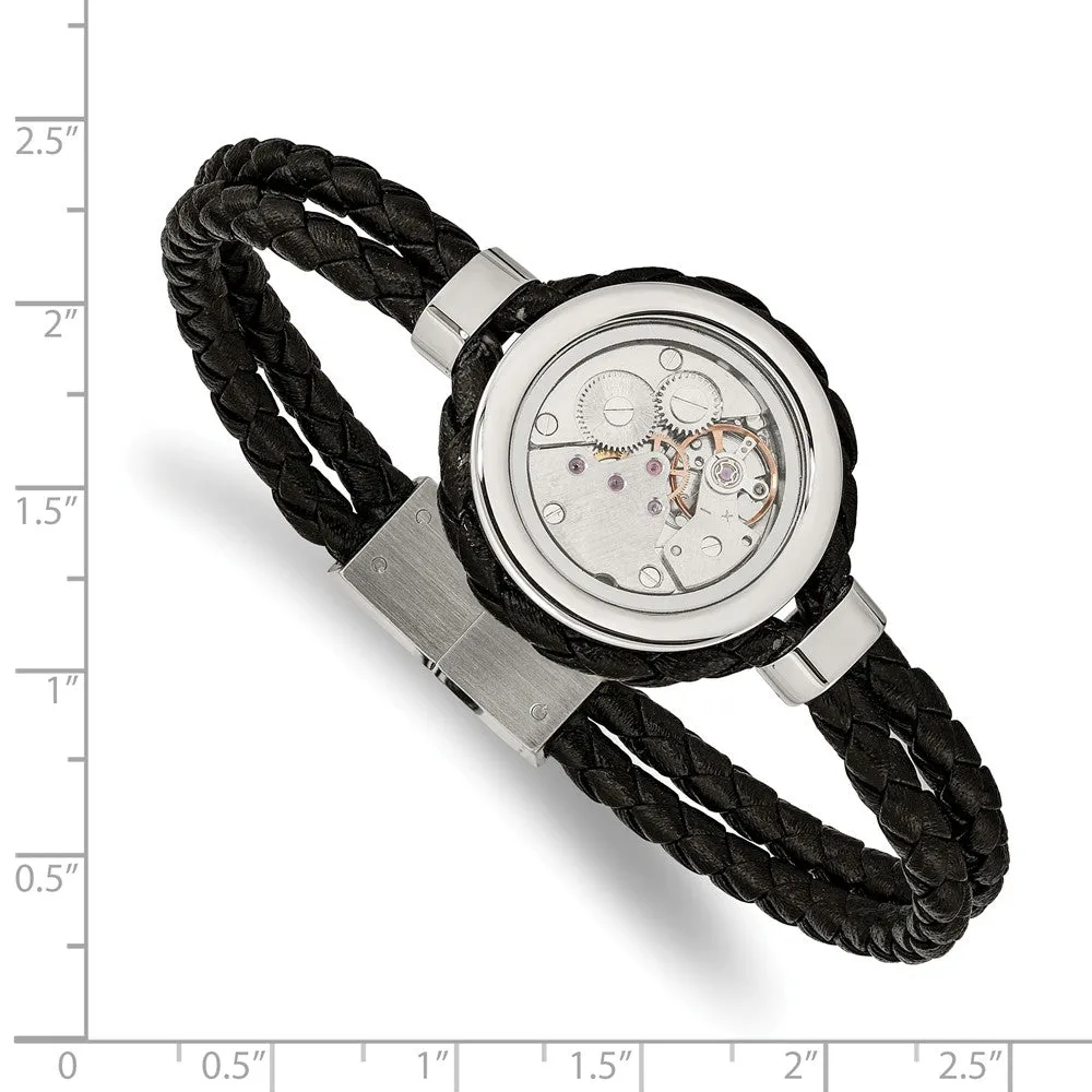 Stainless Steel Brushed & Polished Yellow IP w/CZ & Leather 8.5in Bracelet