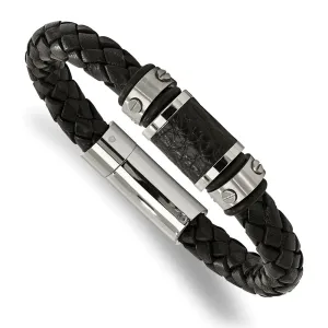 Stainless Steel Brushed/Polished Blk Leather Blk Rubber Bracelet