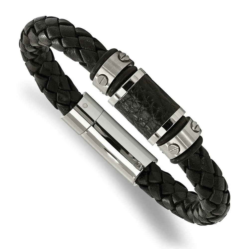 Stainless Steel Brushed/Polished Blk Leather Blk Rubber Bracelet