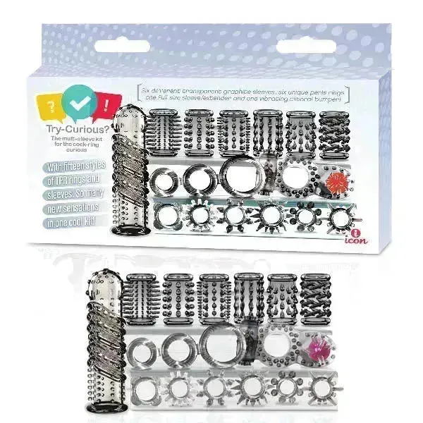 Try-Curious Cock Ring & Sleeve Set - Clear - 15 Piece Set