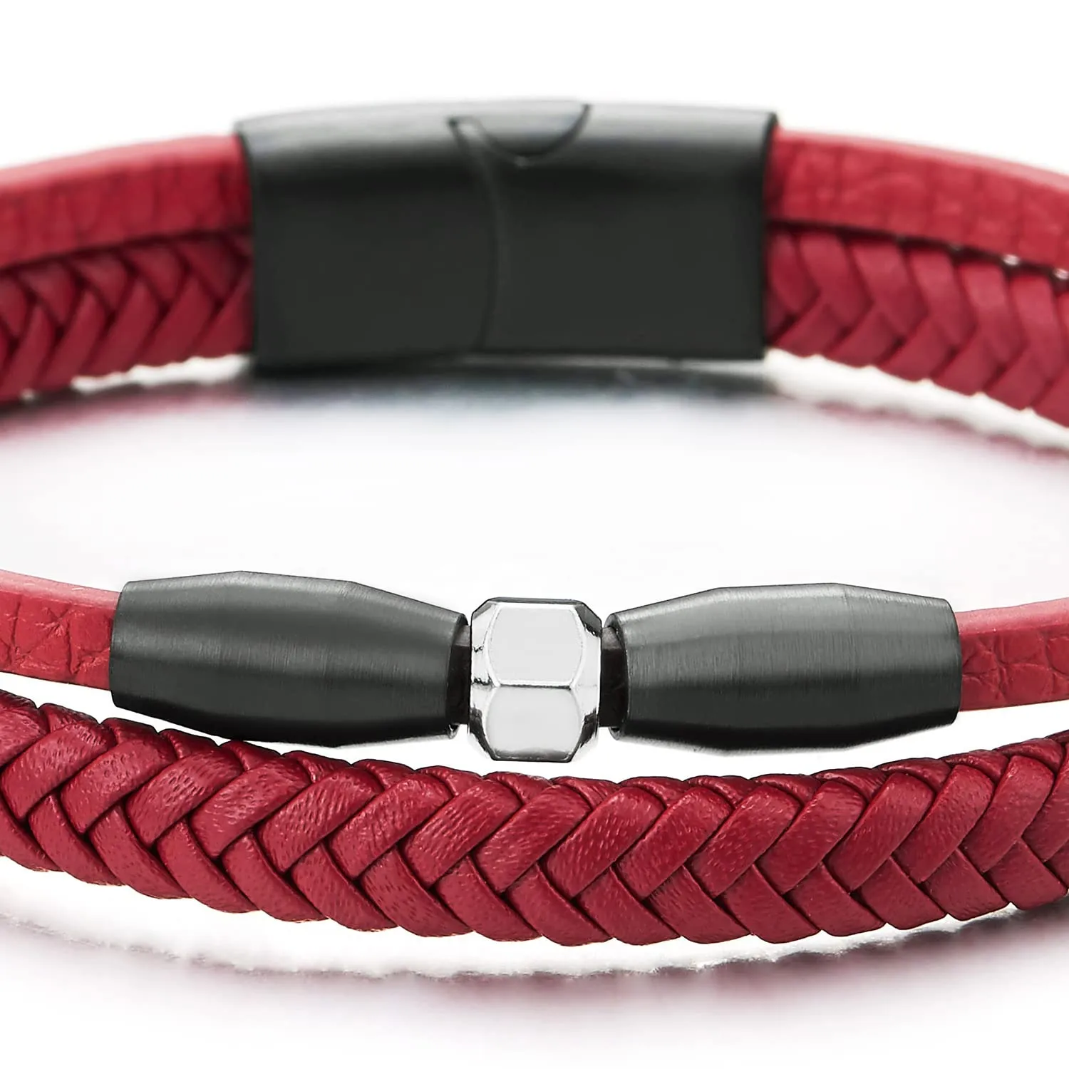 Two-Strand Red Braided Leather Bangle Bracelet with Black Steel Bead Charm, Magnetic Clasp