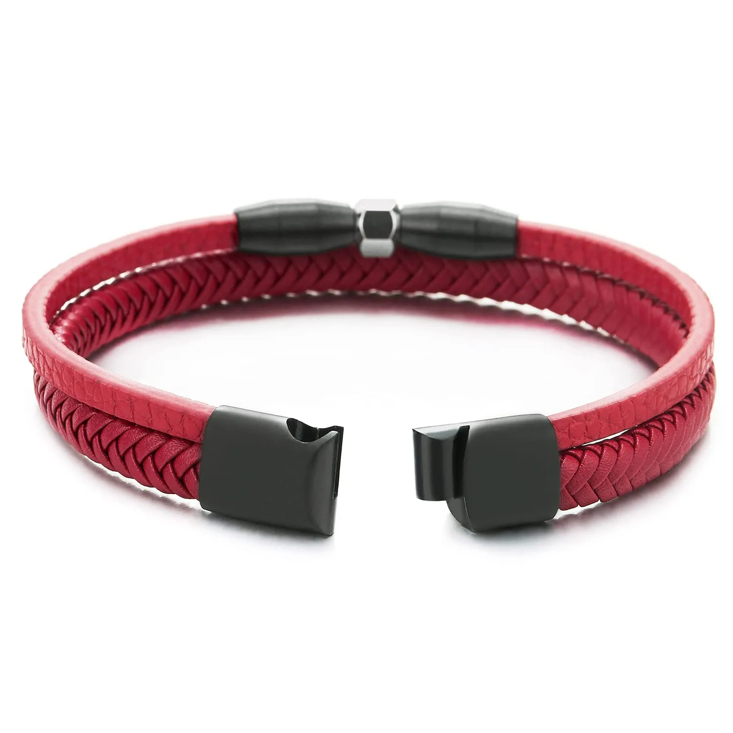 Two-Strand Red Braided Leather Bangle Bracelet with Black Steel Bead Charm, Magnetic Clasp