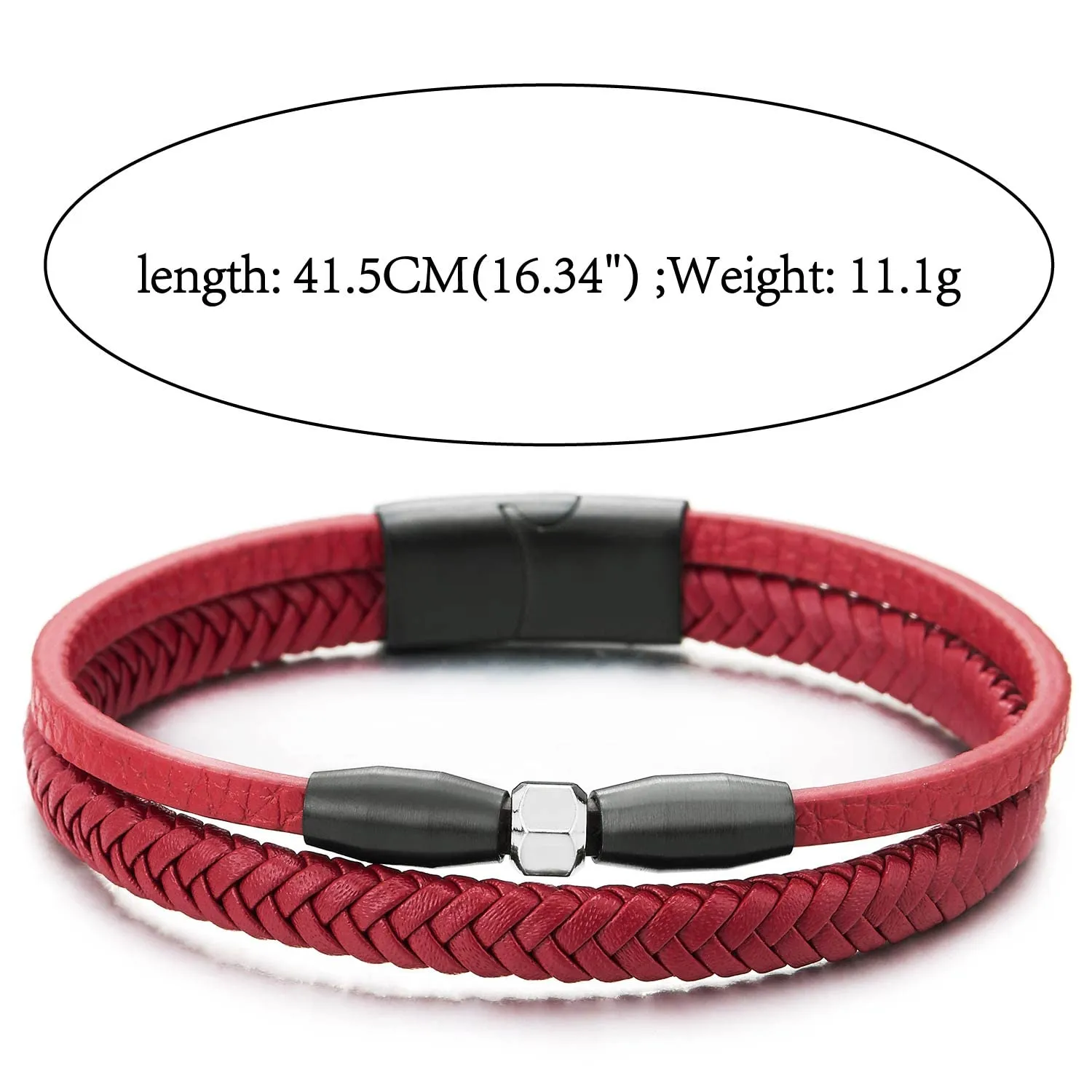 Two-Strand Red Braided Leather Bangle Bracelet with Black Steel Bead Charm, Magnetic Clasp