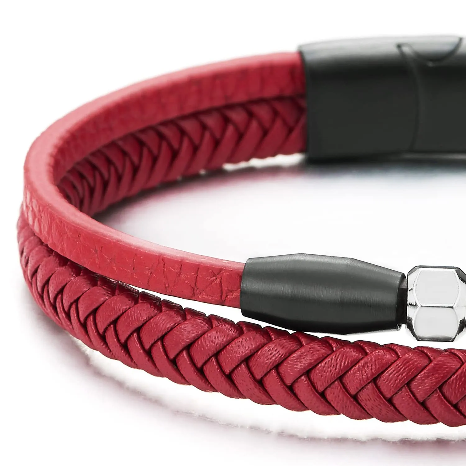 Two-Strand Red Braided Leather Bangle Bracelet with Black Steel Bead Charm, Magnetic Clasp