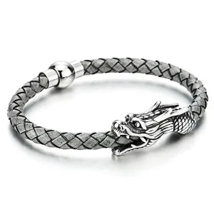 Vintage Stainless Steel Dragon Bangle Bracelet Grey Genuine Braided Leather Wristband, for Men