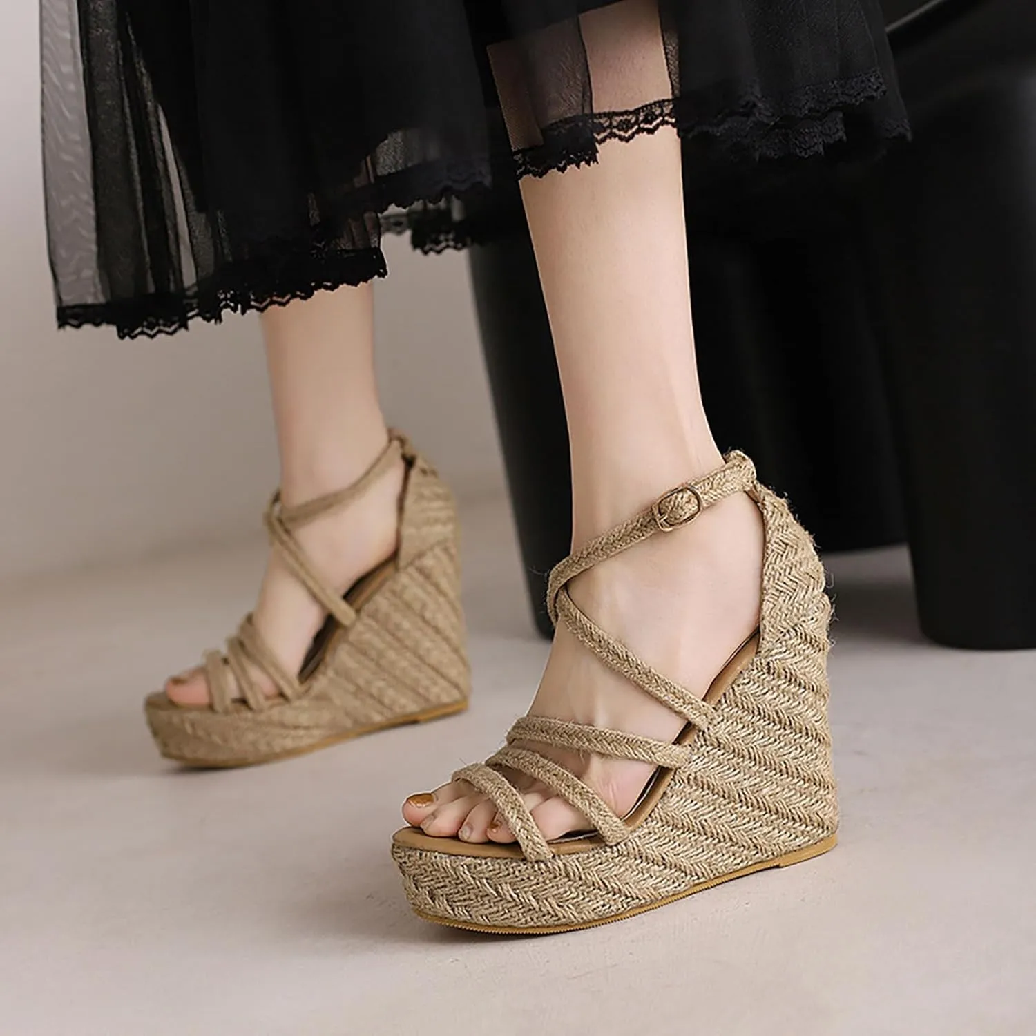 Wedge Sandals For Women 4.7 Inch Vintage Straw Woven Platform Summer Ladies Sandals Cross Ankle Strap Slingback Shoes