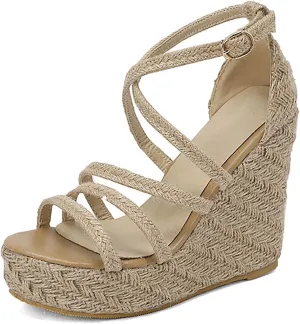 Wedge Sandals For Women 4.7 Inch Vintage Straw Woven Platform Summer Ladies Sandals Cross Ankle Strap Slingback Shoes