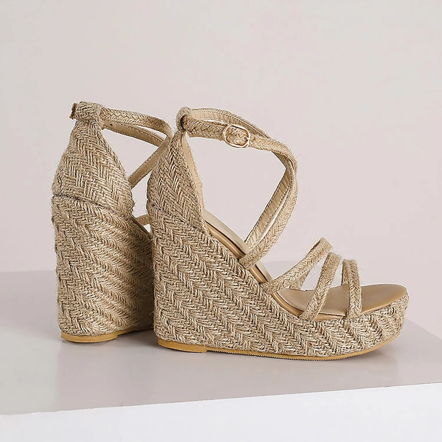 Wedge Sandals For Women 4.7 Inch Vintage Straw Woven Platform Summer Ladies Sandals Cross Ankle Strap Slingback Shoes