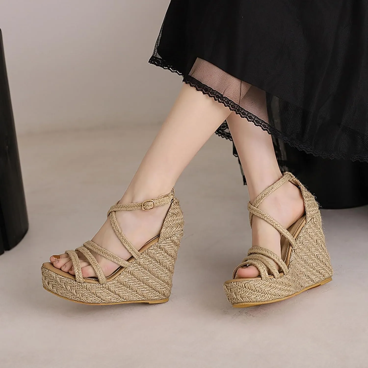Wedge Sandals For Women 4.7 Inch Vintage Straw Woven Platform Summer Ladies Sandals Cross Ankle Strap Slingback Shoes